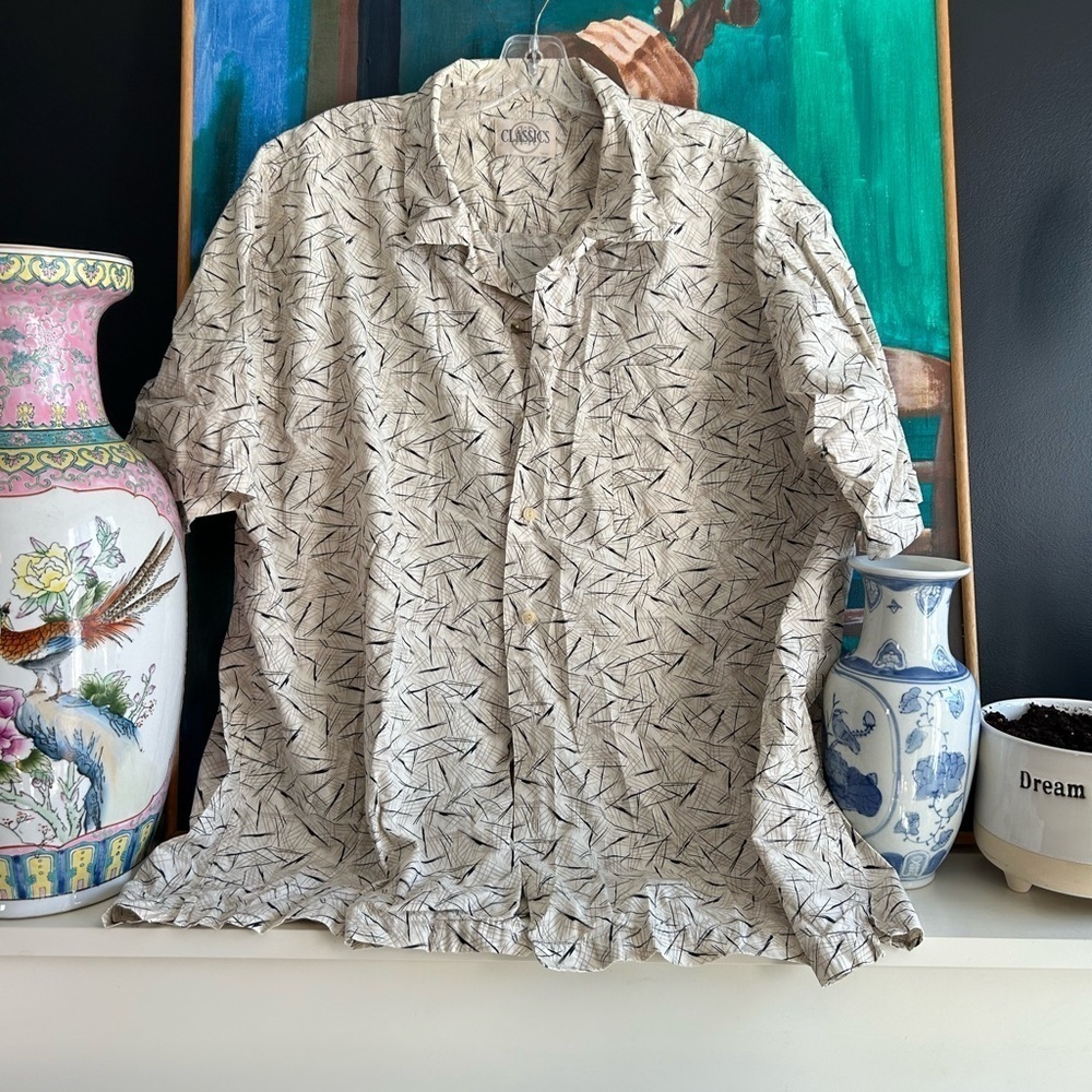 Vintage Classic Men's Casual Button Down Shirt - Cream and Black XXL